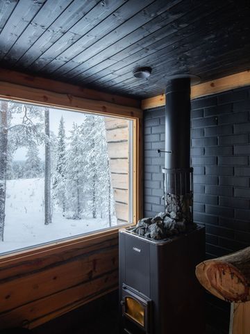 Monaco-Sauna mit Saunaofen, Holzbänken und großem Fenster zum verschneiten Wald