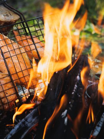 Lachs und Gemüse im Grillrost über offenem Lagerfeuer im Wald