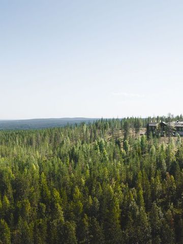 Luftbild der Octola II Ultra Lodge auf einer bewaldeten Anhöhe mit Blick über Wald und Seen