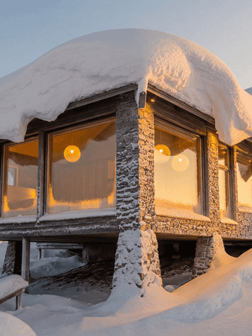Visualisierung der Octola III Villa mit beleuchteten Fenstern im Schnee bei tiefstehender Sonne