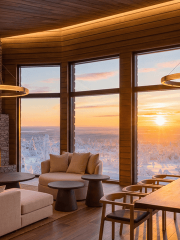 Visualisierung der Lounge mit Kamin und Esstisch, durch die Fenster Sonnenuntergang über dem Fjell
