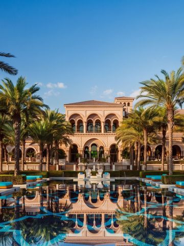 Prächtige Hotelfassade mit Palmen und reflektierendem Pool im Vordergrund