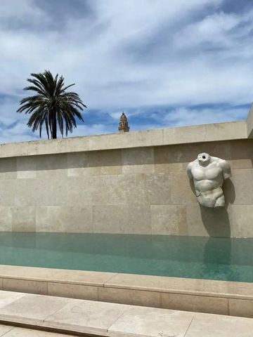 Infinity-Pool mit Skulptur und Palme im Hintergrund