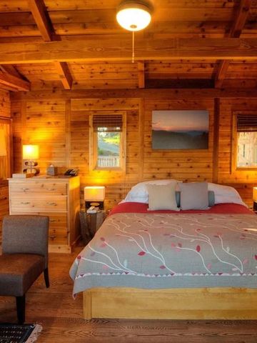 Gemütliches Holzzimmer mit Doppelbett und Decke mit Blattmuster