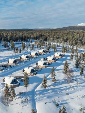 Luftbild der zehn Glasiglus von Reindeer Manor in einer verschneiten Waldlichtung bei Levi