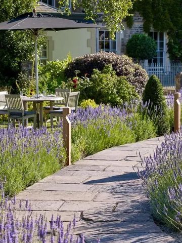 Gartenweg mit Lavendel und Sitzbereich im Freien