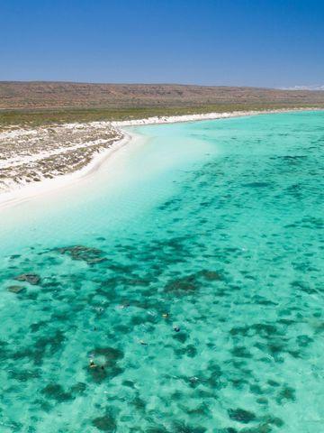 Weißer Strand und türkisfarbene Lagune mit Korallenflecken am Ningaloo Reef von oben