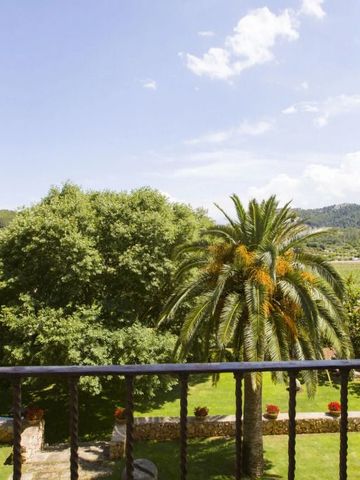 Blick vom Balkon auf Garten mit Palmen und Hügeln im Hintergrund