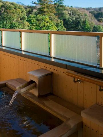 Open-Air-Bad mit Wasserzulauf und Blick auf dichten Wald.