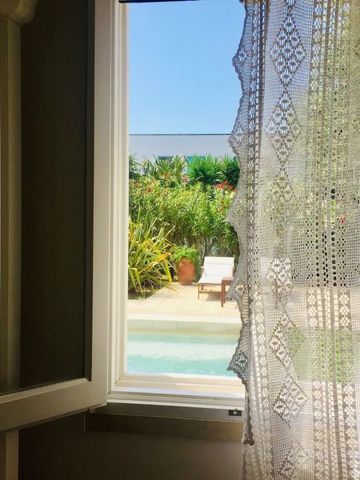 Blick aus dem Fenster auf den sonnigen Poolbereich mit grünen Pflanzen.