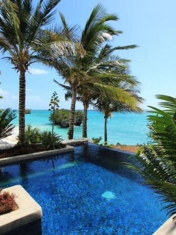 Kleiner Pool mit türkisfarbenem Wasser umgeben von Palmen mit Blick auf das Meer
