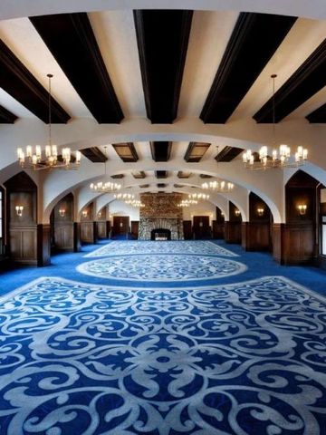 Großer Saal mit gewölbter Decke und eindrucksvollem Teppich