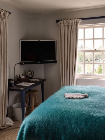 Helles Zimmer mit großen Fenstern und flauschiger Decke im klassischen Stil.