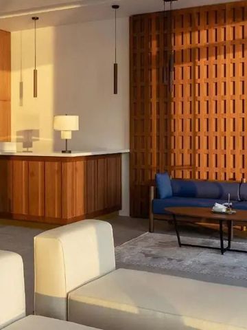 Moderne Lounge mit Holzakzenten und stilvoller Beleuchtung