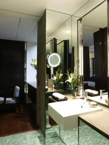 Modernes Badezimmer mit großen Spiegeln, elegantem Waschbecken und dekorativen Pflanzen