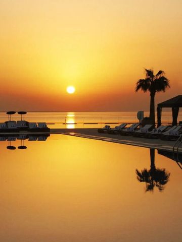 Infinity-Pool bei Sonnenuntergang mit Palmen und Meerblick