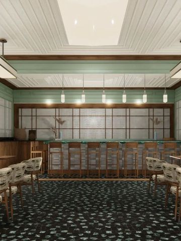 Elegante Hotelbar mit dekorativem Deckendesign und stilvollen Sitzgelegenheiten