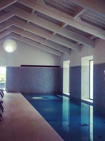 Innenpool mit Tageslicht und Liegestühlen in modernem Design