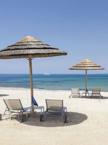 Liegestühle unter Strohdächern am Sandstrand mit Blick auf das blaue Meer.