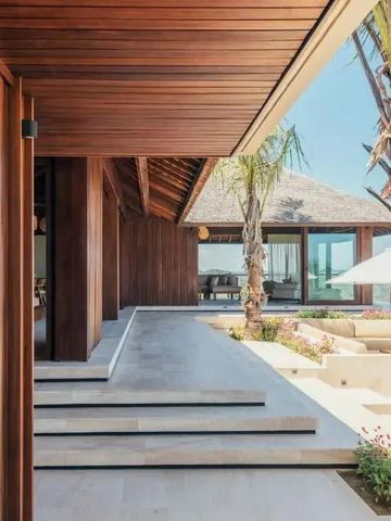 Moderne Architektur mit Holzverkleidung und Palmen