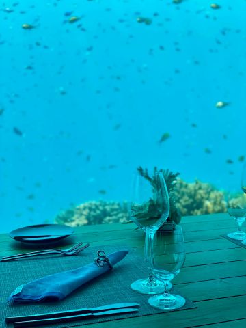 Gedeckter Tisch im Unterwasserrestaurant mit Blick auf Korallen und bunte Fische im türkisblauen Meer durch ein großes Panoramafenster.