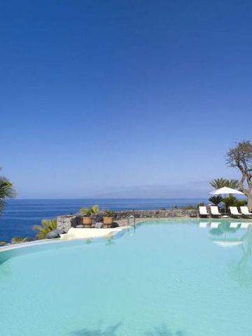 Infinity-Pool mit Blick auf den Ozean und umgeben von Palmen