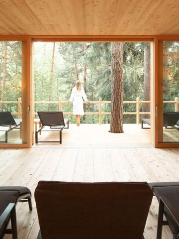 Entspannungsbereich mit Liegestühlen und Blick auf den Wald in der Adler Lodge Ritten.