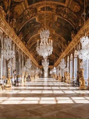 Prunkvoller Spiegelsaal des Schlosses mit opulenten Kronleuchtern
