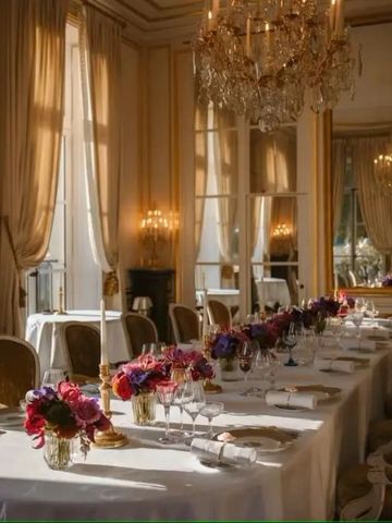 Prunkvoll gedeckter Tisch in einem opulenten Speisesaal mit Kronleuchter.