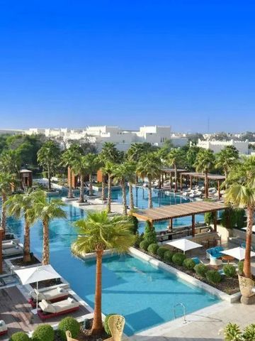 Außenpoolbereich mit Palmen und weißen Liegen unter blauem Himmel