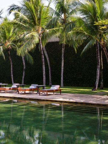 Liegestühle am Pool mit Palmen und klarem Himmel