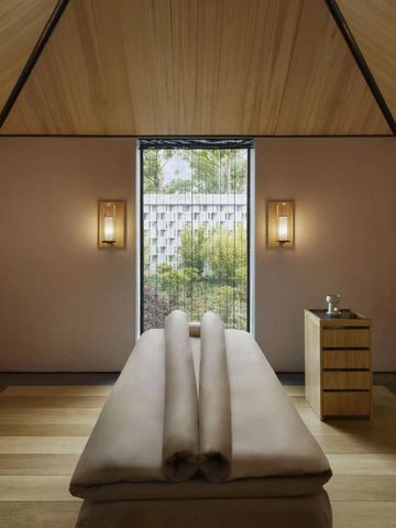 Modernes Spa-Zimmer mit minimalistischer Einrichtung und Gartenblick.