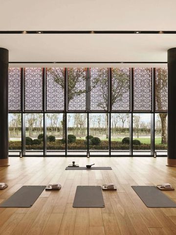 Heller Raum mit Yogamatten und blickdurchlässigen Fenstern zum Garten