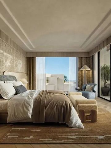 Helles Schlafzimmer mit Zugang zu einer Terrasse und Blick auf die Umgebung