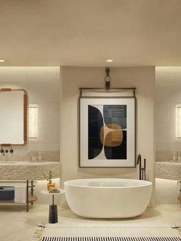 Modernes Badezimmer mit freistehender Badewanne und stilvollem Dekor