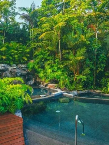 Tropischer Garten mit kleinem Pool und üppiger Vegetation