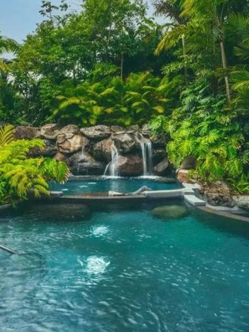 Naturbelassener Pool mit Wasserfall und üppiger Vegetation im Hinterhof