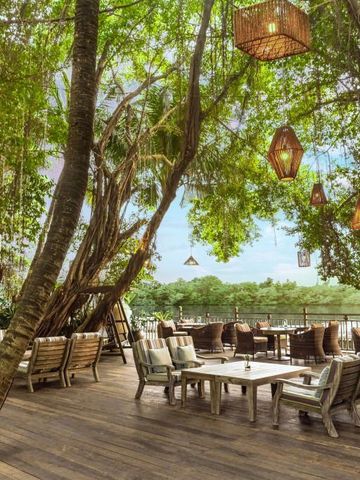 Restaurantbereich im Freien unter Bäumen mit Blick auf den Fluss.