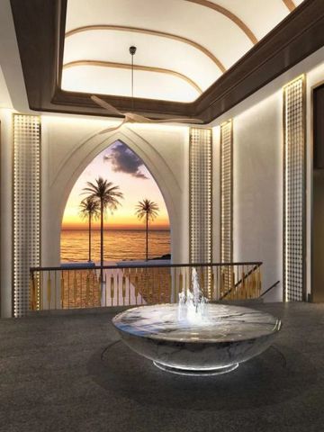 Luxuriöser Innenbereich mit Blick auf eine Bucht bei Sonnenuntergang. Palmen am Horizont.