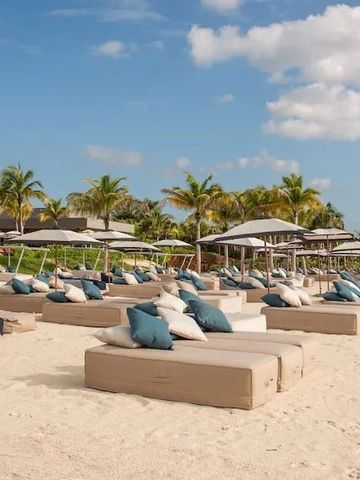 Strand mit luxuriösen Liegen und Palmen bei sonnigem Wetter