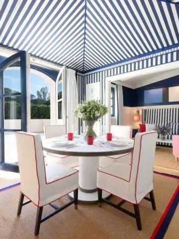 Essbereich mit runden Tisch und gestreiften Wänden in stilvollem Raumdesign