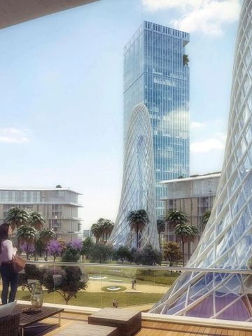 Blick von Balkon auf moderne Architektur des Banyan Tree Doha mit blauen Glasfassaden