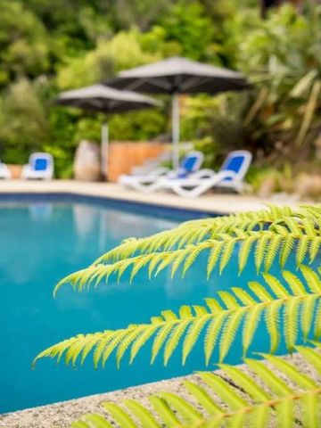 Poolbereich mit Liegestühlen umgeben von grüner Natur und Farnen