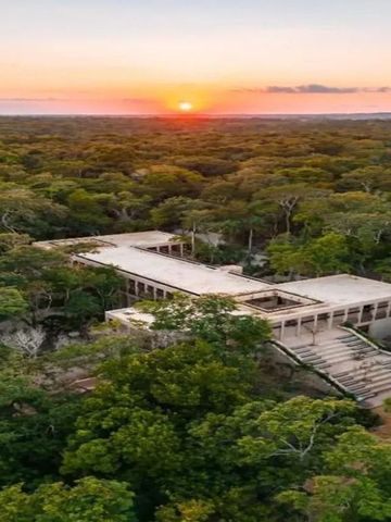 Architektonisches Gebäude umgeben von dichtem Wald bei Sonnenuntergang.