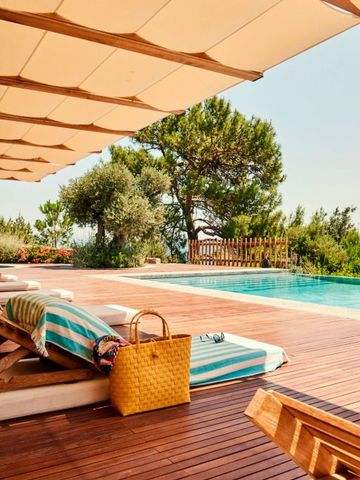 Pool mit Liegestühlen und Blick auf grüne Landschaft