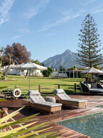 Sonnenliegen am Pool mit Blick auf einen majestätischen Berg