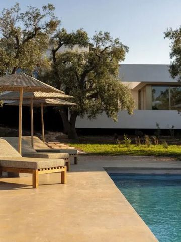 Moderne Villa mit Pool und Sonnenliegen umgeben von Bäumen