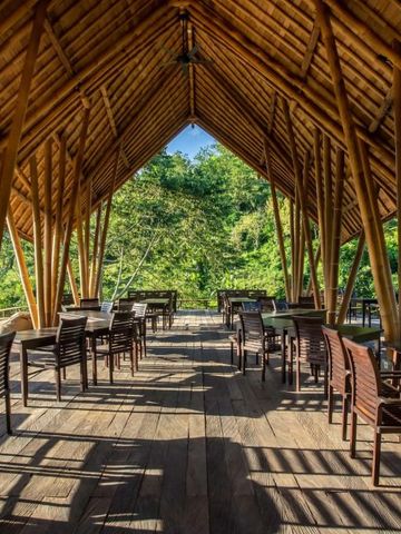 Essbereich mit Bambusdach und Panoramablick auf tropischen Wald