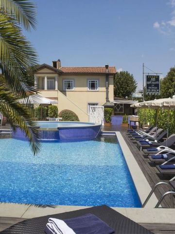 Außenpool mit Liegestühlen und Palmen unter blauem Himmel