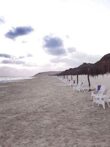 Leerer Sandstrand mit Liegestühlen und Strohdächern bei bewölktem Himmel